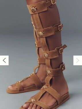 ALOHAS Tan Suede Gladiator Sandals with Gold Sunburst Hardware - NWOT